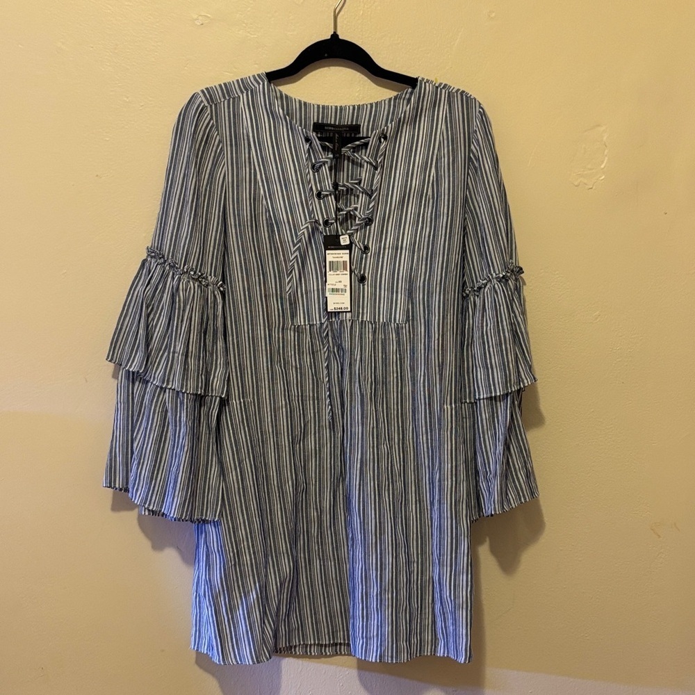 BCBGMaxAzria Blue and White Lace-Up Top